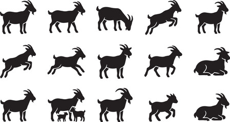 Obraz premium Set of black goat silhouettes in different poses and positions for agriculture and farm design.