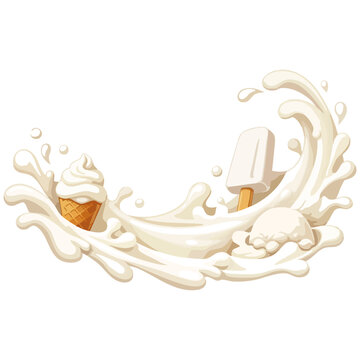 Creamy Ice Cream Splash with Cone and Popsicle Vector