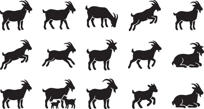 Set of black goat silhouettes in different poses and positions for agriculture and farm design.