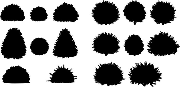 Collection of various black bush and shrub silhouettes on a white background.