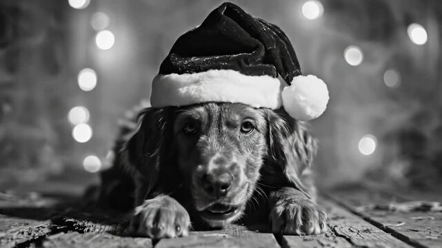 Black and white portrait of a dog wearing a Christmas hat with bokeh lights, looking at the camera