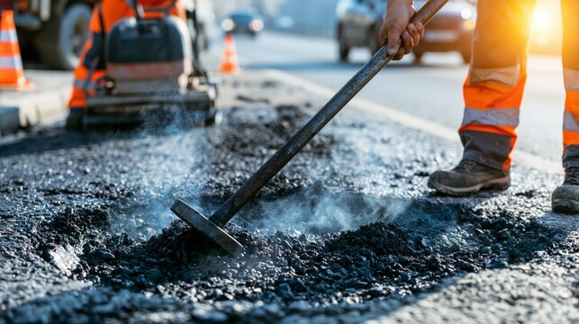 Road service crew repairing a pothole by compacting fresh hot asphalt.