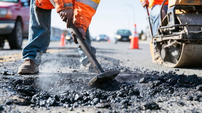 Road service crew repairing a pothole by compacting fresh hot asphalt.
