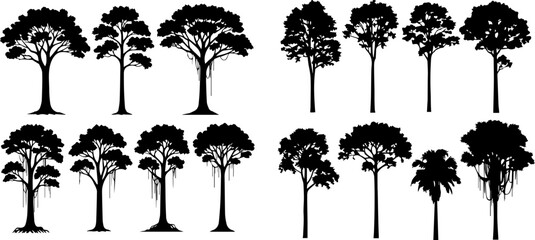 Collection of various tree silhouettes, isolated on a white background, featuring diverse shapes and foliage for design elements. © Akun