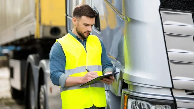 Truck driver in safety vest inspecting vehicle and writing on clipboard in transport industry