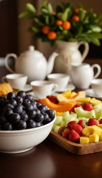 A fruit platter with grapes, melon, strawberries and pineapple, presented with a teapot and cups, symbolizing a refreshing breakfast or a healthy lifestyle choice