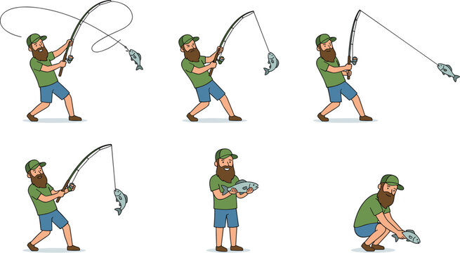 Cartoon Bearded Fisherman Character Action Poses Vector Illustration Set Featuring Man Casting Rod, Catching Fish, Holding Trophy Catch and Sitting in Various Outdoor Fishing Scenes