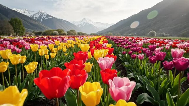 Colorful tulip field with rows of vibrant flowers and snow-capped mountains under a bright sky