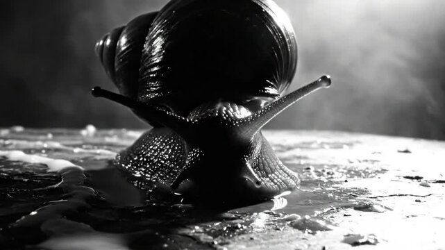 Black and white close up of a snail crawling on a wet, textured surface with the light shining from above