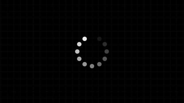 Animated loading spinner with dots on a dark background, representing waiting or buffering progress computer technology internet data