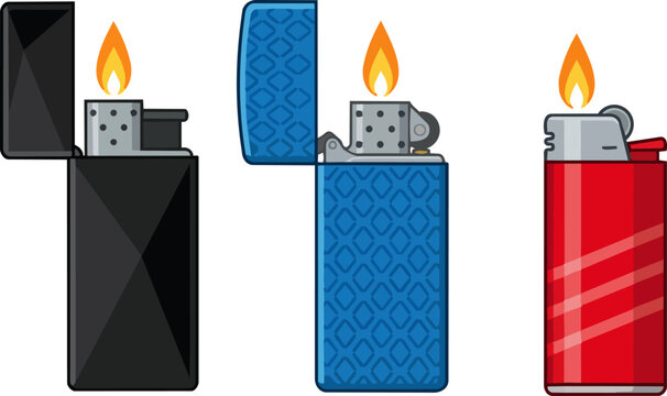 Different Types of Lighters With Flames in Various Colors