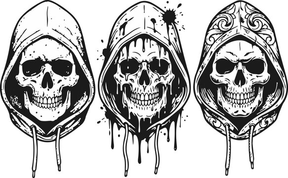 Three Skulls Wearing Hooded Garments in a Simple Design