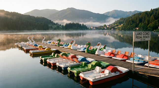 Colorful swan pedal boats lined up at lake dock in morning light  