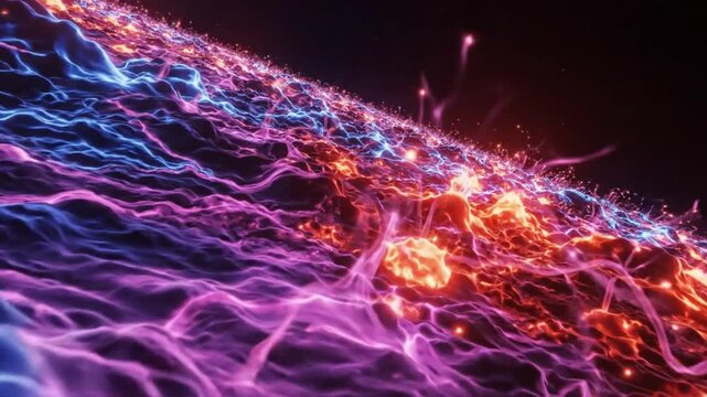 Abstract Glowing Energy Field of Interconnected Networks with Waves and Sparkling Lights Against Dark Sky