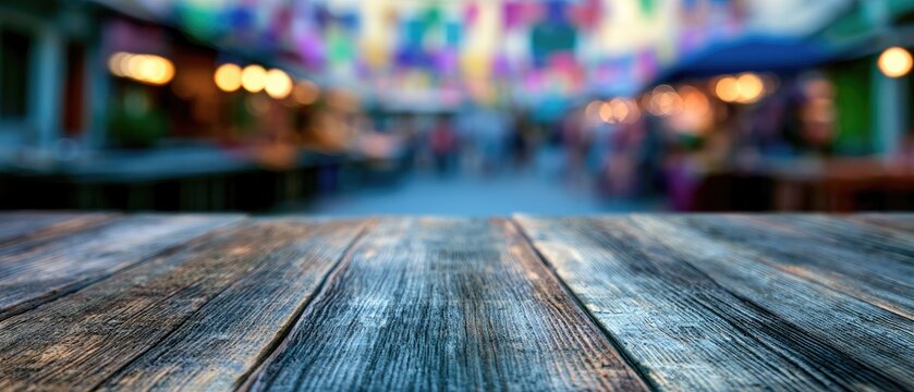 Weathered wooden planks foreground blurred street festival with colorful lights