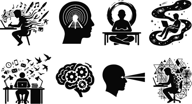Creative flow and mental focus illustration set featuring mindfulness, productivity, brainstorming, and psychological concepts in minimalist silhouette style.