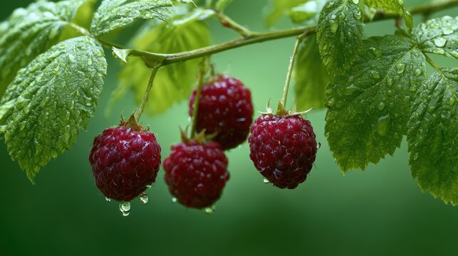 Fresh ripe raspberries hang from a branch with wet green leaves