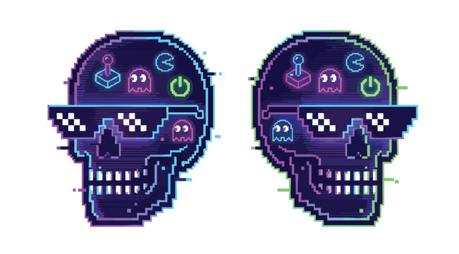 Retro Pixel Art Skulls with Gaming Icons and Neon Colors