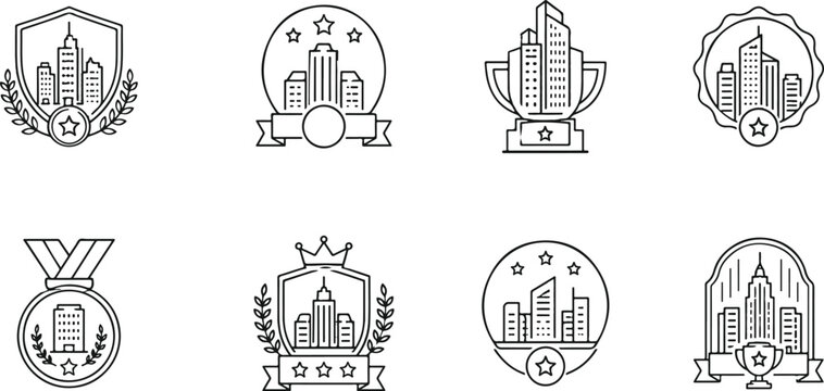 Professional collection of eight minimalist line art award icons featuring urban skyscrapers trophies medals and real estate city badges.