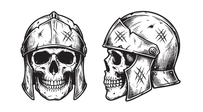 Vintage skulls wearing medieval helmets in detailed black and white illustration