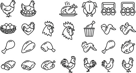 Fototapeta premium Comprehensive Chicken and Poultry Icon Set Featuring Hen, Rooster, Eggs, Raw Meat Cuts, Fried Chicken, and Roast Turkey for Farm and Food Industry Designs