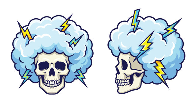 Colorful skull with afro hairstyle and lightning bolts