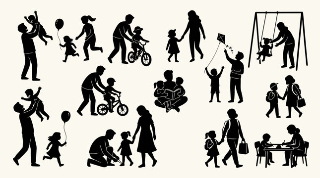 Black silhouettes of parents and children, family activities, parenting icons, child development, 20 silhouette graphics