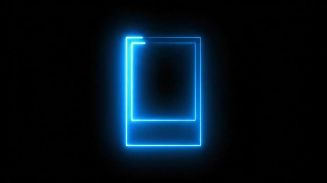Abstract blue neon light shape forming a simple retro photo frame effect against a dark background.