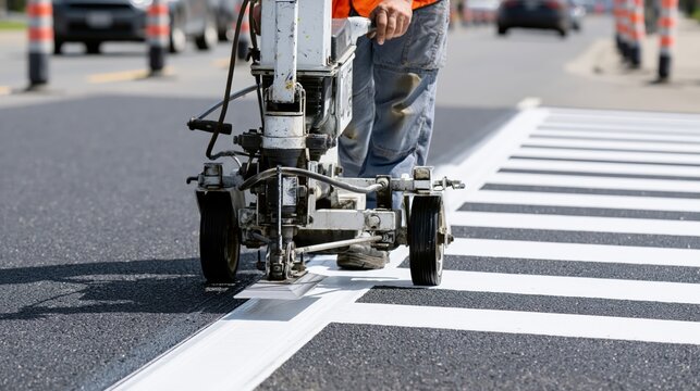Road marking worker applying thermoplastic white stripes for a pedestrian crosswalk. Completed white crossing stripes beside fresh application.