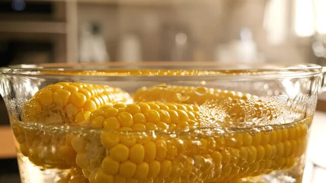 Boiling fresh corn on the cob in a clear glass pot on the stove, close-up shot