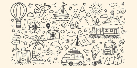 Hand drawn summer travel set in Mediterranean style. Blue minimalist doodles of plane map passport suitcase camera and vacation essentials. Perfect for summer holiday designs and tourism assets © Daishin