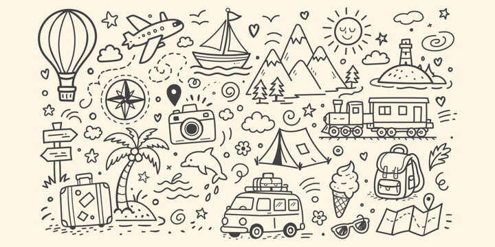 Hand drawn summer travel set in Mediterranean style. Blue minimalist doodles of plane map passport suitcase camera and vacation essentials. Perfect for summer holiday designs and tourism assets