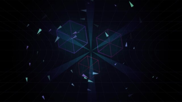 Abstract Geometric Digital Background with Floating 3D Rotating Cubes