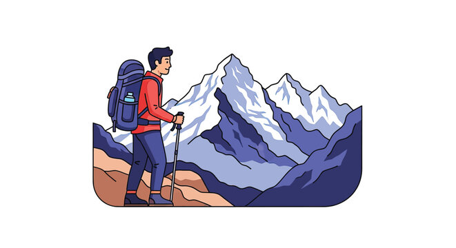 Man with Backpack and Hiking Poles.