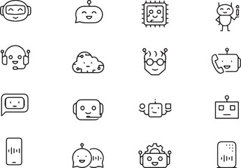 Fototapeta premium Robot, chatbot, and AI icons, 20 line art elements, black and white, vector illustrations, technology and communication symbols