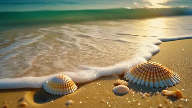 serene beach scene with seashells and ocean waves at sunset