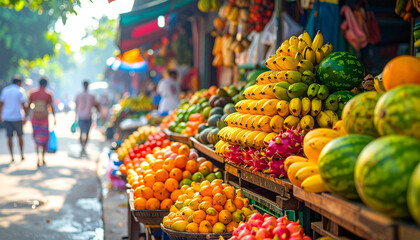 Obraz premium Vibrant Fruits Market: A bustling outdoor market bursts with the colors and flavors of fresh fruits, inviting shoppers to explore a bountiful display. Generative AI.