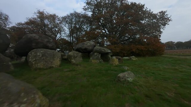 First person view moving around megalithic hunebed dolmen tomb