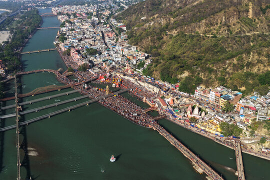 Aerial High Angle View of Har Ki Pauri and the Ganges River in Haridwar