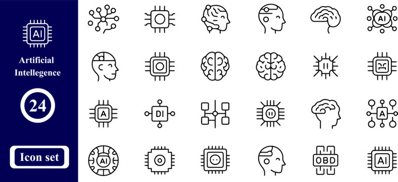 create 32 narrow line art icon set of "Artificial Intellegence ",