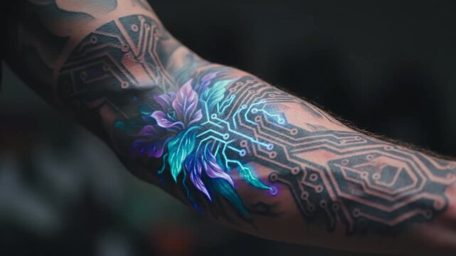 Futuristic circuit board tattoo with glowing floral design on arm