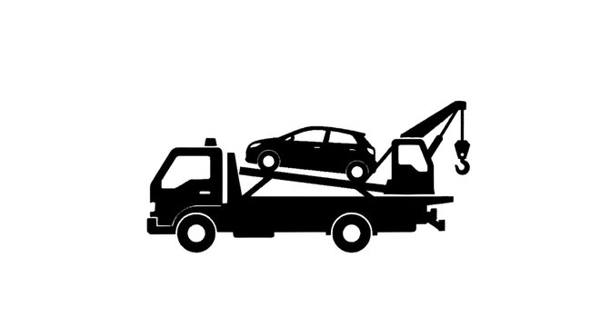 Minimal black silhouette icon, simple flat vector, bold black shape, no, no shading black silhouette of a flatbed tow truck carrying a car on a, flat icon style