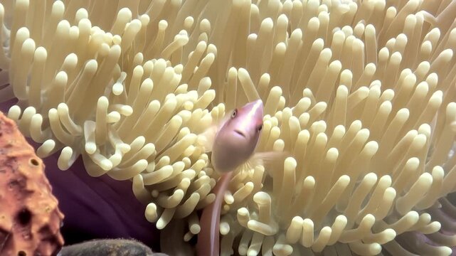 A pink Clownfish gracefully navigates the swirling arms of its protective Anemone. Witness this mesmerizing symbiotic dance of the underwater world.