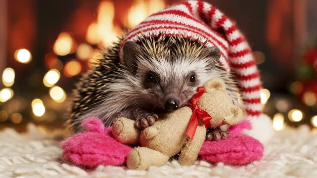 Small Hedgehog Wearing Striped Winter Hat Holding Teddy Bear by Glowing Fireplace