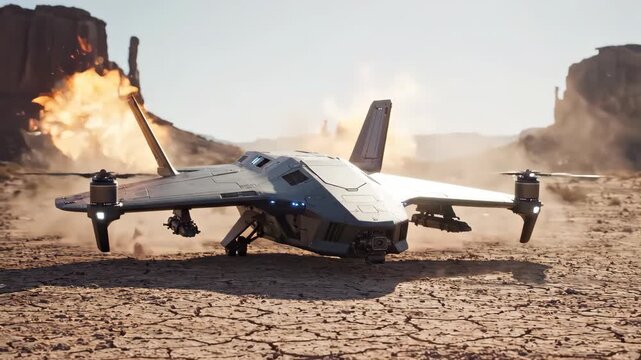 Futuristic drone rests desert. Sleek gray body dominates scene. Intricate details on aircraft surface. Cracked earth beneath drone's feet. Arid landscape surrounds machine. Shadowy figure looms.