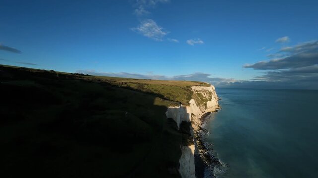 FPV Aerial Drone View of the White Cliffs of Dover at Sunset