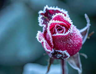 Fototapeta premium Capture the fragile beauty of winter with this macro of a red rosebud encased in frost. An artistic metaphor for resilience, ideal for greeting cards, seasonal ads, and nature backgrounds.