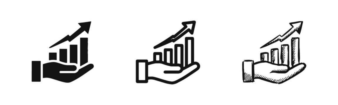 Business Growth Icon - Hand Holding Upward Trend Bar Graph in Three Different Icon Styles