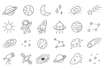 Cute Hand Drawn Universe Icons, Modern Space Doodle Illustration Collection, Cartoon Cosmic Elements Bundle with Solar System Planets Shooting Stars Rocket Ship Crescent Moon Earth and Galaxy Swirls © Daishin