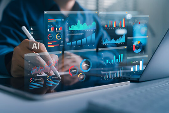 An analyst uses a computer and dashboard for data business analysis and Data Management System with KPI and metrics connected to the database for technology finance, operations, sales, marketing